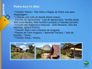 Pedra Azul (3 dias) * Transfer Vitória / Vila Velha a Região de Pedra Azul para Hospedagem; * 2 Diárias com Café da Manhã (Hotel Aroso); * Circuito do Agroturismo – Loja do Agroturismo, Família Altoé, Sítio Lucio Busato, Sítio Família Lorenção e Fazenda Carnielli; * Circuito dos Orgânicos e Naturais – Chez Domaine, Sítio dos Palmitos, Apiário Florin); * Transfer Pedra Azul a Estação de Araguaia; * Passeio de Trem Araguaia / Marechal Floriano / Vale da Estação / Viana; * Transfer Viana / Vitória. 