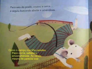 Como o campo non tiña paredes, Paco corría, saltaba e envorcallábase. Ás veces, mesmo lle parecía voar. 