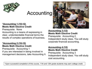 *Accounting 1 (10-12)  Meets Math Elective Credit Prerequisite:  None Accounting is a means of expressing in clear, understandable financial terms the results of complex operations of business. *Accounting 2 (10-12) Meets Math Elective Credit Prerequisite:  Accounting 1 If you are interested in being involved in management decisions, take Accounting II. Accounting 3 (12) Meets Math Elective Credit Prerequisite:  Accounting 2   Independent study class. You will study corporate financial accounting. Accounting 4 (12) Meets Math Elective Credit Prerequisite:  Accounting 3 Independent study class. You will study cost accounting. Accounting *Upon successful completion of this course, 11th and 12th grade students may earn college credit. 