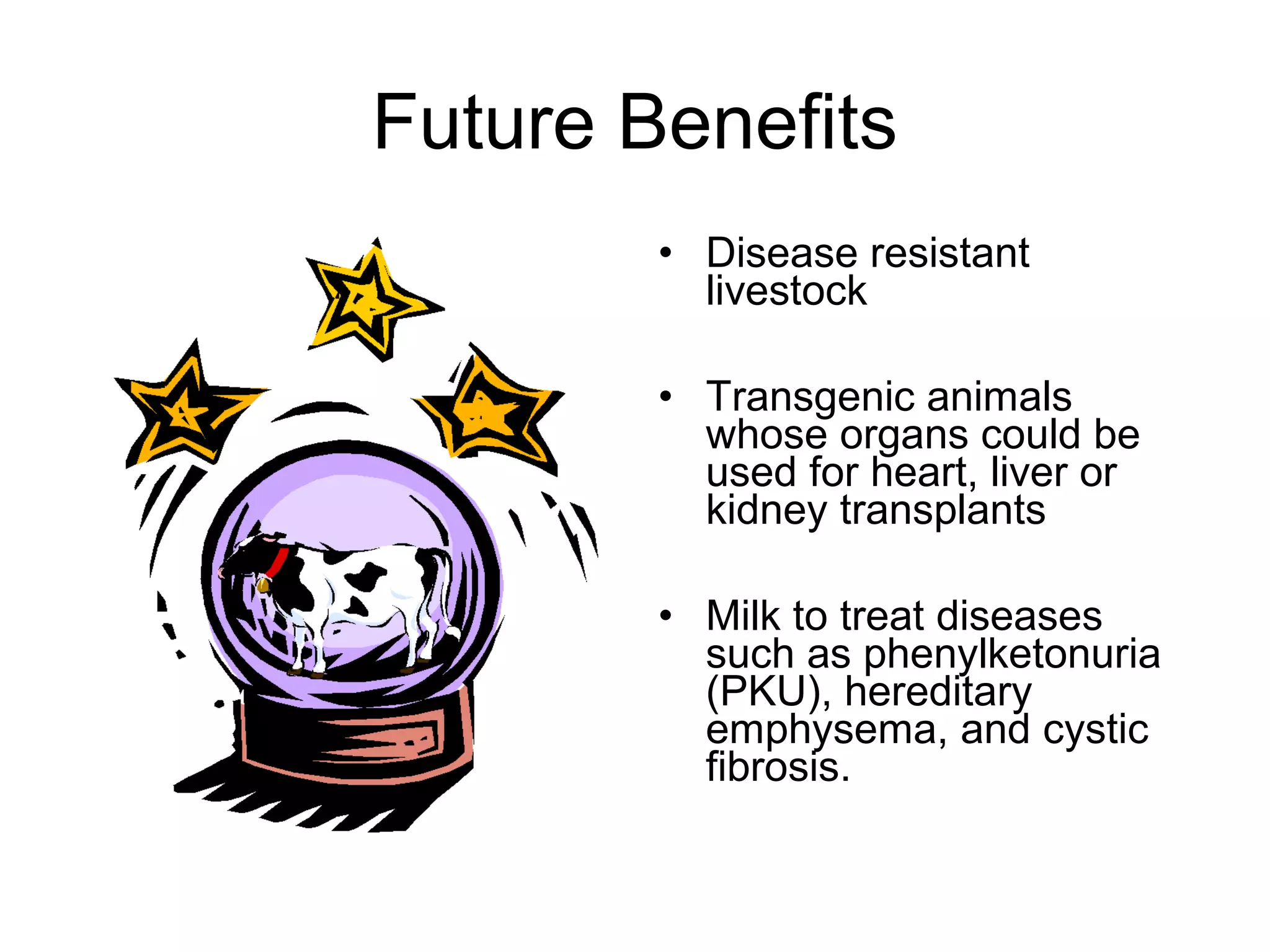Future Benefits
• Disease resistant
livestock
• Transgenic animals
whose organs could be
used for heart, liver or
kidney transplants
• Milk to treat diseases
such as phenylketonuria
(PKU), hereditary
emphysema, and cystic
fibrosis.
 