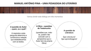 MANUEL ANTÓNIO PINA – UMA PEDAGOGIA DO LITERÁRIO
A Obra – questões
de Testemunho
(questões que, note-
se, podem não
coincidir com a
perspectiva que o
Autor tem da própria
Obra)
A questão do Autor
– quem, ou o quê?
A resposta a esta
pergunta determina e
condiciona a relação
que estabelecemos
com os textos.
A questão da
Literatura
Que Literatura?
Que aprendizagens?
2
Vamos dividir este diálogo em três momentos
 