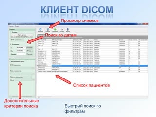 Просмотр снимков


                  Поиск по датам




                              Список пациентов


Дополнительные
критерии поиска           Быстрый поиск по
                          фильтрам
 
