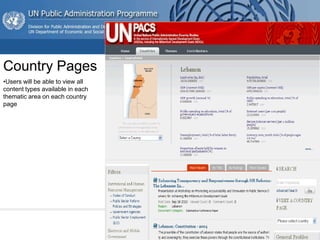 Country Pages
•Users will be able to view all
content types available in each
thematic area on each country
page