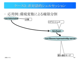 ケース３：非対話的シェルセッション

• 応用例：環境変数による権限分割
/usr/sbin/sshd   玄関
                          ログインシェル



                              /bin/bash


                       /usr/libexec/openssh/sftp-server




                                    読み書きモード
2008.11.13                                          107
 