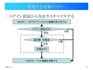 提案する対策のフロー

• ログイン認証から先をカスタマイズする
             ＳＳＨサーバがクライアントからの接続を受け付ける


                    ログイン認証を行う
                                        失敗
                         成功


                     振る舞いを検査
                                   不審
                         正常

                      作業を行う




                 ＳＳＨサーバとの接続を切断する

2008.11.13                                   10
 