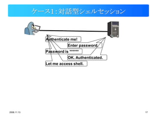 ケース１：対話型シェルセッション


               Authenticate me!
                           Enter password.
               Password is ******
                           OK. Authenticated.
               Let me access shell.




2008.11.13                                      17
 