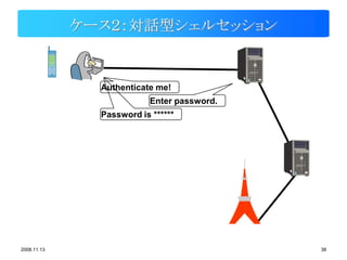 ケース２：対話型シェルセッション


               Authenticate me!
                           Enter password.
               Password is ******




2008.11.13                                   38
 