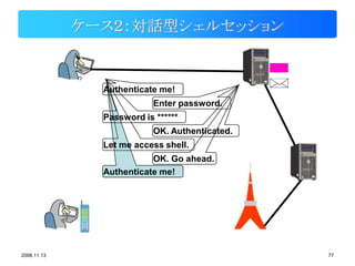 ケース２：対話型シェルセッション


               Authenticate me!
                           Enter password.
               Password is ******
                           OK. Authenticated.
               Let me access shell.
                          OK. Go ahead.
               Authenticate me!




2008.11.13                                      77
 