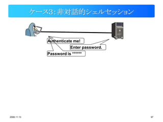 ケース３：非対話的シェルセッション


               Authenticate me!
                           Enter password.
               Password is ******




2008.11.13                                   97
 
