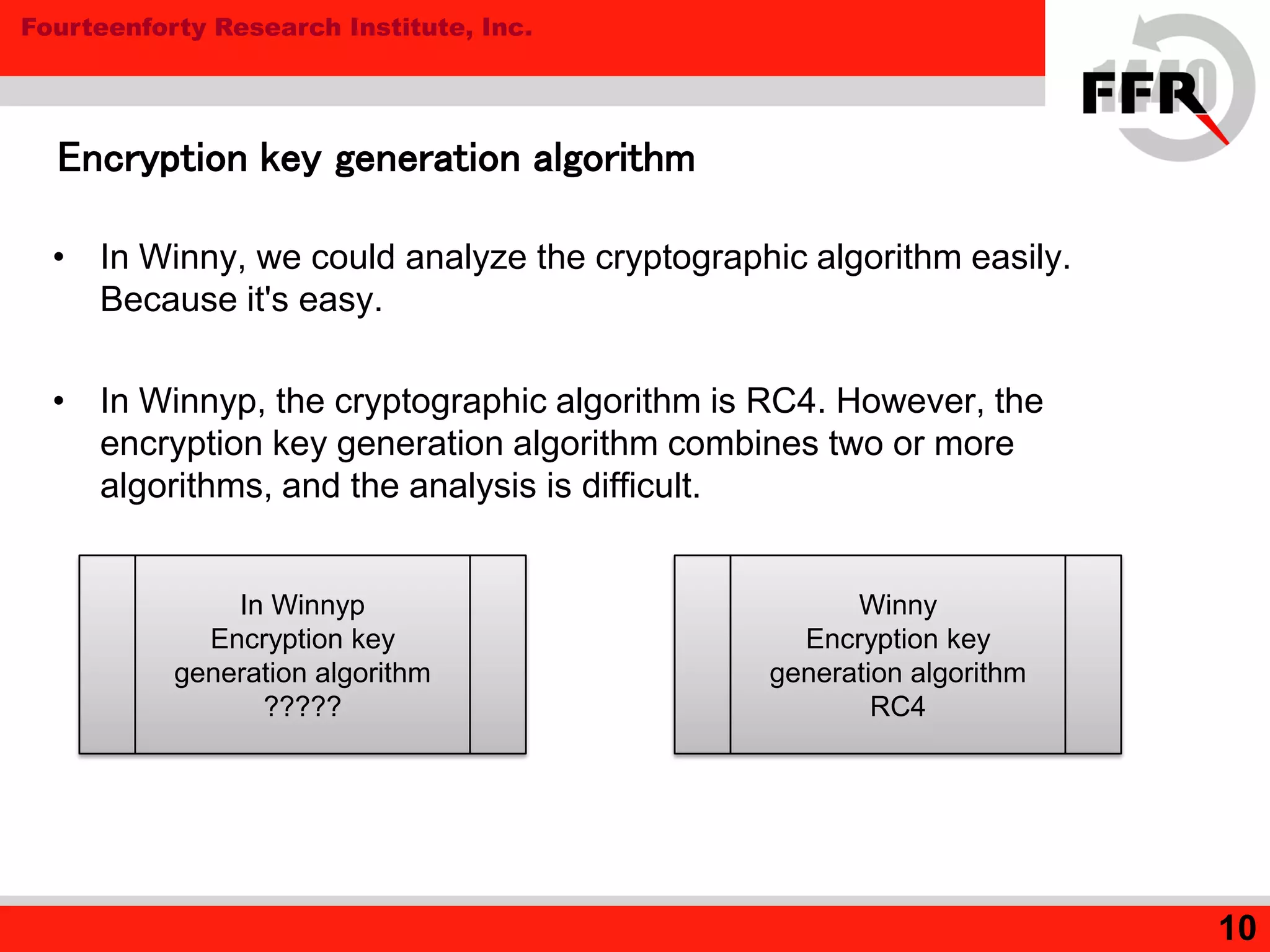 Fourteenforty Research Institute, Inc.
10
Encryption key generation algorithm
• In Winny, we could analyze the cryptographic algorithm easily.
Because it's easy.
• In Winnyp, the cryptographic algorithm is RC4. However, the
encryption key generation algorithm combines two or more
algorithms, and the analysis is difficult.
In Winnyp
Encryption key
generation algorithm
?????
Winny
Encryption key
generation algorithm
RC4
 