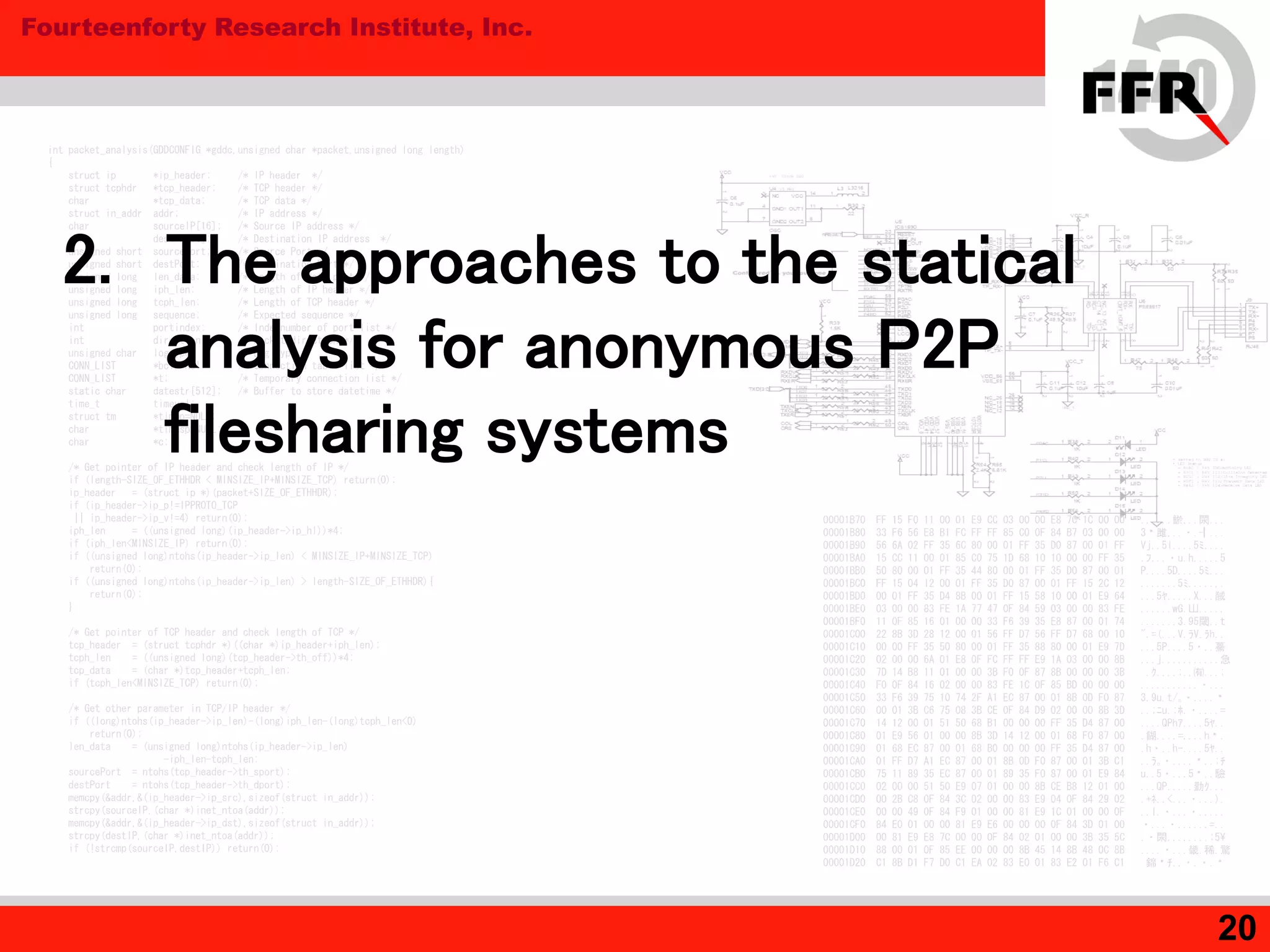 Fourteenforty Research Institute, Inc.
2020
int packet_analysis(GDDCONFIG *gddc,unsigned char *packet,unsigned long length)
{
struct ip *ip_header; /* IP header */
struct tcphdr *tcp_header; /* TCP header */
char *tcp_data; /* TCP data */
struct in_addr addr; /* IP address */
char sourceIP[16]; /* Source IP address */
char destIP[16]; /* Destination IP address */
unsigned short sourcePort; /* Source Port */
unsigned short destPort; /* Destination Port */
unsigned long len_data; /* Length of data part */
unsigned long iph_len; /* Length of IP header */
unsigned long tcph_len; /* Length of TCP header */
unsigned long sequence; /* Expected sequence */
int portindex; /* Indexnumber of port list */
int direction; /* Packet direction */
unsigned char logtype; /* Log type */
CONN_LIST *bcl,*ncl; /* Connection table list */
CONN_LIST *t; /* Temporary connection list */
static char datestr[512]; /* Buffer to store datetime */
time_t timeval;
struct tm *timep=NULL;
char *timesp=NULL;
char *c;
/* Get pointer of IP header and check length of IP */
if (length-SIZE_OF_ETHHDR < MINSIZE_IP+MINSIZE_TCP) return(0);
ip_header = (struct ip *)(packet+SIZE_OF_ETHHDR);
if (ip_header->ip_p!=IPPROTO_TCP
|| ip_header->ip_v!=4) return(0);
iph_len = ((unsigned long)(ip_header->ip_hl))*4;
if (iph_len<MINSIZE_IP) return(0);
if ((unsigned long)ntohs(ip_header->ip_len) < MINSIZE_IP+MINSIZE_TCP)
return(0);
if ((unsigned long)ntohs(ip_header->ip_len) > length-SIZE_OF_ETHHDR){
return(0);
}
/* Get pointer of TCP header and check length of TCP */
tcp_header = (struct tcphdr *)((char *)ip_header+iph_len);
tcph_len = ((unsigned long)(tcp_header->th_off))*4;
tcp_data = (char *)tcp_header+tcph_len;
if (tcph_len<MINSIZE_TCP) return(0);
/* Get other parameter in TCP/IP header */
if ((long)ntohs(ip_header->ip_len)-(long)iph_len-(long)tcph_len<0)
return(0);
len_data = (unsigned long)ntohs(ip_header->ip_len)
-iph_len-tcph_len;
sourcePort = ntohs(tcp_header->th_sport);
destPort = ntohs(tcp_header->th_dport);
memcpy(&addr,&(ip_header->ip_src),sizeof(struct in_addr));
strcpy(sourceIP,(char *)inet_ntoa(addr));
memcpy(&addr,&(ip_header->ip_dst),sizeof(struct in_addr));
strcpy(destIP,(char *)inet_ntoa(addr));
if (!strcmp(sourceIP,destIP)) return(0);
00001B70 FF 15 F0 11 00 01 E9 CC 03 00 00 E8 7C 1C 00 00 ......鯲...閖...
00001B80 33 F6 56 E8 B1 FC FF FF 85 C0 0F 84 B7 03 00 00 3雎...・.┨...
00001B90 56 6A 02 FF 35 6C 80 00 01 FF 35 D0 87 00 01 FF Vj..5l....5ﾐ....
00001BA0 15 CC 11 00 01 85 C0 75 1D 68 10 10 00 00 FF 35 .ﾌ...・u.h.....5
00001BB0 50 80 00 01 FF 35 44 80 00 01 FF 35 D0 87 00 01 P....5D....5ﾐ...
00001BC0 FF 15 04 12 00 01 FF 35 D0 87 00 01 FF 15 2C 12 .......5ﾐ.....,.
00001BD0 00 01 FF 35 D4 8B 00 01 FF 15 58 10 00 01 E9 64 ...5ﾔ.....X...馘
00001BE0 03 00 00 83 FE 1A 77 47 0F 84 59 03 00 00 83 FE ......wG.Ш.....
00001BF0 11 0F 85 16 01 00 00 33 F6 39 35 E8 87 00 01 74 .......3.95閾..t
00001C00 22 8B 3D 28 12 00 01 56 FF D7 56 FF D7 68 00 10 ".=(...V.ﾗV.ﾗh..
00001C10 00 00 FF 35 50 80 00 01 FF 35 88 80 00 01 E9 7D ...5P....5・..驀
00001C20 02 00 00 6A 01 E8 0F FC FF FF E9 1A 03 00 00 8B ...j...........急
00001C30 7D 14 B8 11 01 00 00 3B F0 0F 87 8B 00 00 00 3B .ｸ....;..㈲...;
00001C40 F0 0F 84 16 02 00 00 83 FE 1C 0F 85 BD 00 00 00 ...........・...
00001C50 33 F6 39 75 10 74 2F A1 EC 87 00 01 8B 0D F0 87 3.9u.t/｡・....
00001C60 00 01 3B C6 75 08 3B CE 0F 84 D9 02 00 00 8B 3D ..;ﾆu.;ﾎ.・....=
00001C70 14 12 00 01 51 50 68 B1 00 00 00 FF 35 D4 87 00 ....QPhｱ....5ﾔ..
00001C80 01 E9 56 01 00 00 8B 3D 14 12 00 01 68 F0 87 00 .餬....=....h.
00001C90 01 68 EC 87 00 01 68 B0 00 00 00 FF 35 D4 87 00 .h・..hｰ....5ﾔ..
00001CA0 01 FF D7 A1 EC 87 00 01 8B 0D F0 87 00 01 3B C1 ..ﾗ｡・......;ﾁ
00001CB0 75 11 89 35 EC 87 00 01 89 35 F0 87 00 01 E9 84 u..5・...5..驗
00001CC0 02 00 00 51 50 E9 07 01 00 00 8B CE B8 12 01 00 ...QP.....勤ｸ...
00001CD0 00 2B C8 0F 84 3C 02 00 00 83 E9 04 0F 84 29 02 .+ﾈ..<...・...).
00001CE0 00 00 49 0F 84 F9 01 00 00 81 E9 1C 01 00 00 0F ..I.・...・.....
00001CF0 84 E0 01 00 00 81 E9 E6 00 00 00 0F 84 3D 01 00 ・...・......=..
00001D00 00 81 E9 E8 7C 00 00 0F 84 02 01 00 00 3B 35 5C .・閖........;5¥
00001D10 88 00 01 0F 85 EE 00 00 00 8B 45 14 8B 48 0C 8B ....・...畿.稀.驚
00001D20 C1 8B D1 F7 D0 C1 EA 02 83 E0 01 83 E2 01 F6 C1 錦ﾁ..・.・.
2. The approaches to the statical
analysis for anonymous P2P
filesharing systems
 