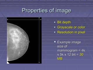 Properties of imageProperties of image
• Bit depthBit depth
• Grayscale or colorGrayscale or color
• Resolution in pixelResolution in pixel
 Example imageExample image
size ofsize of
mammogram = 4kmammogram = 4k
x 5k x 12 bit =x 5k x 12 bit = 3030
MBMB
 