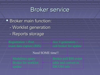 Broker serviceBroker service
 Broker main function:Broker main function:
- Worklist generation- Worklist generation
- Reports storage- Reports storage
Registration + Post
exam data capture (RIS)
Acc # generation +
call broker for update
Broker poll RIS event
table and convert to
DICOM info
Modalities query
Broker for worklist
update
Need SOME time!!
 