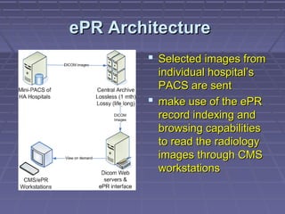 ePR ArchitectureePR Architecture
 Selected images fromSelected images from
individual hospital’sindividual hospital’s
PACS are sentPACS are sent
 make use of the ePRmake use of the ePR
record indexing andrecord indexing and
browsing capabilitiesbrowsing capabilities
to read the radiologyto read the radiology
images through CMSimages through CMS
workstationsworkstations
 