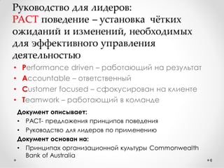 Руководство для лидеров:
PACT поведение – установка чжтких
ожиданий и изменений, необходимых
для эффективного управления
деятельностью
•
•
•
•

Performance driven – работающий на результат
Accountable – ответственный
Customer focused – сфокусирован на клиенте
Teamwork – работающий в команде
Документ описывает:
• PACT- предложения принципов поведения
• Руководство для лидеров по применению
Документ основан на:
• Принципах организационной культуры Commonwealth
Bank of Australia
6

 
