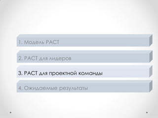 1. Модель PACT
2. PACT для лидеров
3. PACT для проектной команды
4. Ожидаемые результаты

 