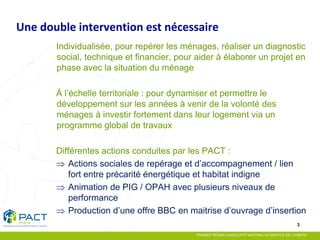 3 
Individualisée, pour repérer les ménages, réaliser un diagnostic social, technique et financier, pour aider à élaborer un projet en phase avec la situation du ménage 
À l’échelle territoriale : pour dynamiser et permettre le développement sur les années à venir de la volonté des ménages à investir fortement dans leur logement via un programme global de travaux 
Différentes actions conduites par les PACT : 
⇒Actions sociales de repérage et d’accompagnement / lien fort entre précarité énergétique et habitat indigne 
⇒Animation de PIG / OPAH avec plusieurs niveaux de performance 
⇒Production d’une offre BBC en maitrise d’ouvrage d’insertion 
Une double intervention est nécessaire  