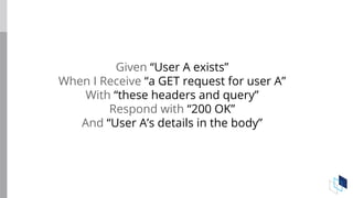 Given “User A exists”
When I Receive “a GET request for user A”
With “these headers and query”
Respond with “200 OK”
And “User A’s details in the body”
 