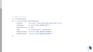 // Publish the Pacts...
p := dsl.Publisher{}
err := p.Publish(types.PublishRequest{
PactURLs: []string{"../pacts/myconsumer-myprovider.json"},
PactBroker: os.Getenv("PACT_BROKER_HOST"),
ConsumerVersion: "1.0.0",
Tags: []string{"latest", "production"},
BrokerUsername: os.Getenv("PACT_BROKER_USERNAME"),
BrokerPassword: os.Getenv("PACT_BROKER_PASSWORD"),
})
 