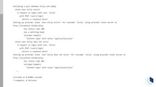 Verifying a pact between billy and bobby
Given User billy exists
A request to login with user 'billy'
with POST /users/login
returns a response which
Setting up provider state 'User billy exists' for consumer 'billy' using provider state server at
http://localhost:55128/setup
has status code 200
has a matching body
includes headers
"Content-Type" with value "application/json"
Given User billy does not exist
A request to login with user 'billy'
with POST /users/login
returns a response which
Setting up provider state 'User billy does not exist' for consumer 'billy' using provider state server at
http://localhost:55128/setup
has status code 404
includes headers
"Content-Type" with value "application/json"
...
Finished in 0.03042 seconds
7 examples, 0 failures
 