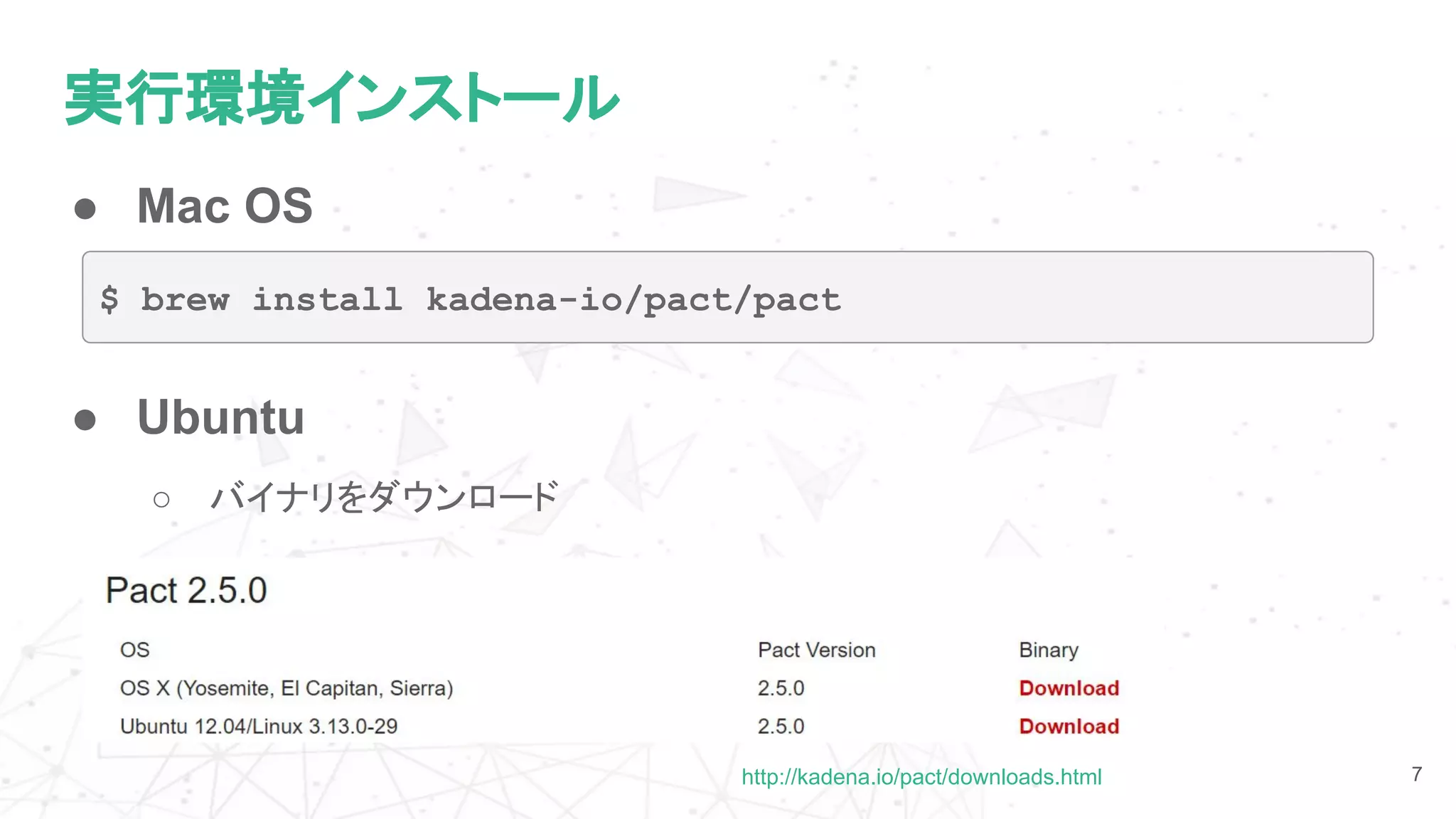 実行環境インストール
● Mac OS
7
● Ubuntu
○ バイナリをダウンロード
$ brew install kadena-io/pact/pact
http://kadena.io/pact/downloads.html
 
