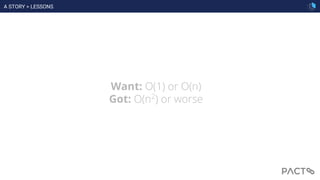 Want: O(1) or O(n)
Got: O(n2
) or worse
A STORY > LESSONS
 