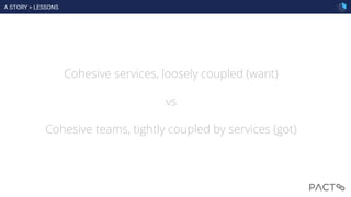 Cohesive services, loosely coupled (want)
vs
Cohesive teams, tightly coupled by services (got)
A STORY > LESSONS
 