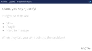 A STORY > LESSONS > INTEGRATION TESTS
Scam, you say? Justify!
Integrated tests are:
● Slow
● Fragile
● Hard to manage
When they fail, you can’t point to the problem!
 