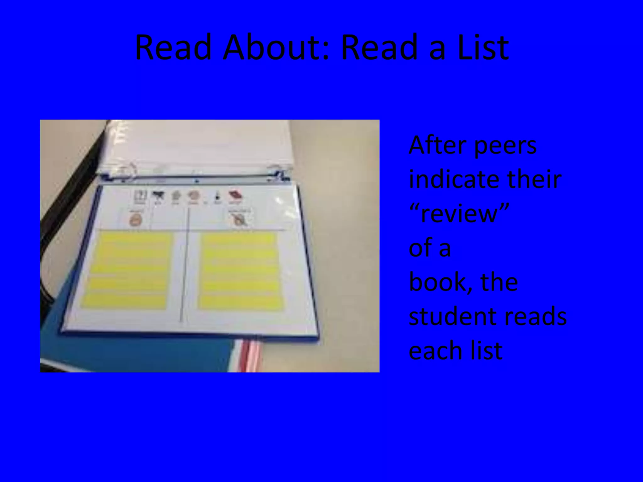 Read About: Read a List
After peers
indicate their
“review”
of a
book, the
student reads
each list
 