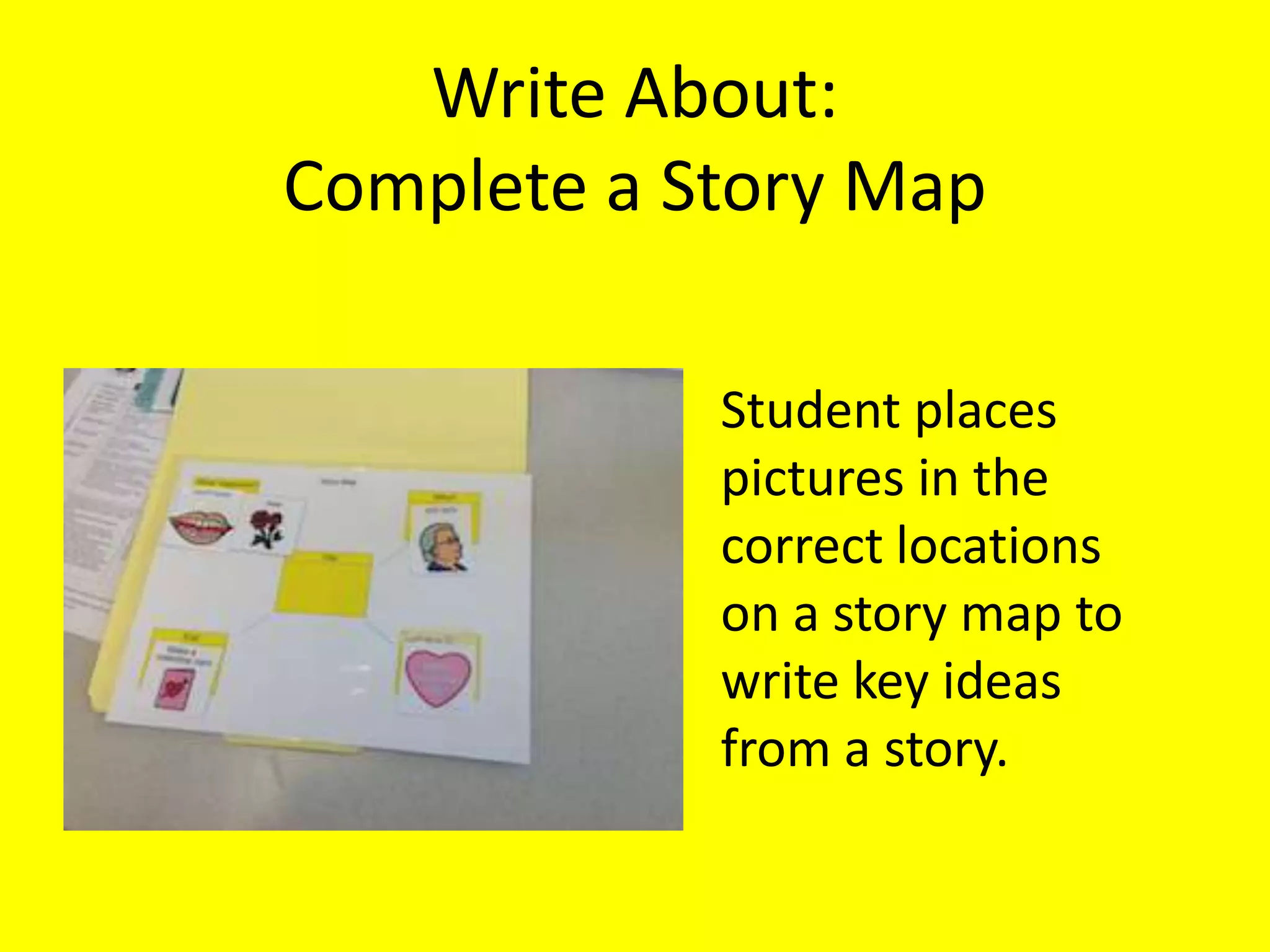 Write About:
Complete a Story Map
Student places
pictures in the
correct locations
on a story map to
write key ideas
from a story.
 