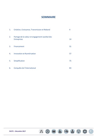PACTE – Décembre 2017 2
SOMMAIRE
1. Création, Croissance, Transmission et Rebond 4
2. Partage de la valeur et engagement sociétal des
Entreprises 14
3. Financement 31
4. Innovation et Numérisation 57
5. Simplification 75
6. Conquête de l’International 83
 
