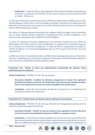 PACTE – Décembre 2017
39
- Justification : Il s’agit de collecter davantage pour le financement des PME et notamment de
compenser la suppression de l'ISF PME (un des vecteurs majeurs du financement des PME
en capital - 1M€ par an).
La réduction d'impôt pour investissement dans les PME est en effet limitée à 10.000 euros aux côtés
d'autres dépenses. Cette mesure incite les ménages à privilégier l’utilisation de ce plafond pour des
dépenses ou des placements sans risque, avec un effet d’éviction évident pour les investissements
dans les PME, beaucoup plus risqués.
Par ailleurs, le règlement général d’exemption par catégorie (RGEC) européen limite la possibilité
pour les États membres d’inciter fiscalement l’investissement dans les PME européennes. Il est
beaucoup trop contraignant dans la définition des PME éligibles.
En outre, les contraintes françaises s’additionnent aux contraintes européennes pour définir les
PME éligibles. Il faut donc revenir sur cette “double peine” en supprimant les contraintes françaises
qui se cumulent aux contraintes européennes : le quota de 40 % en augmentation de capital, le
nombre de régions et la continuité géographique pour les FIP, le quota de 50 % dans une seule
région des FIP.
Le RGEC est un frein à l’investissement dans les PME et à leur développement alors qu’il devrait les
favoriser. L'empilement des contraintes européennes et françaises est très difficilement gérable et
nous rend moins compétitif que d’autres pays plus souples.
Proposition III.8 - Mettre en place une réglementation prudentielle des banques moins
pénalisante pour les softwares
Champ d’application : TPE-PME, ETI, GE, start-up, banques
- Description détaillée : Accélérer les décisions européennes en faveur d'un règlement
prudentiel du software au sein de l’UE comparable à celui qui existe par exemple aux Etats-
Unis et moins pénalisant en termes de ratios de liquidité et de fonds propres.
- Justification : Cette idée doit permettre de favoriser l'innovation et la compétitivité des
entreprises françaises et européennes.
Proposition III.9 - Faciliter l’accès aux brevets comme actifs pour les entreprises
Champ d’application : TPE-PME, ETI, GE, start-up, Ministère de l’enseignement supérieur et de la
recherche, organismes publics de recherche
- Description détaillée : Faciliter la vente des brevets et des opérations comme celles de la
vente d’une partie du portefeuille de brevets du CNRS il y a quelques années.
- Justification : Le monde de la recherche publique est souvent convaincu que le brevet doit
être rémunéré par des royalties et des incitations administratives peuvent exister en ce sens.
Mais ce modèle économique n’est pas toujours adapté et peut au contraire représenter un
 