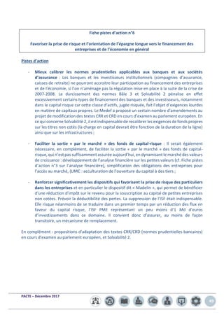 PACTE – Décembre 2017
49
Fiche pistes d’action n°6
Favoriser la prise de risque et l’orientation de l’épargne longue vers le financement des
entreprises et de l’économie en général
Pistes d’action
- Mieux calibrer les normes prudentielles applicables aux banques et aux sociétés
d’assurance : Les banques et les investisseurs institutionnels (compagnies d’assurance,
caisses de retraite) ne pourront accroitre leur participation au financement des entreprises
et de l’économie, si l’on n’aménage pas la régulation mise en place à la suite de la crise de
2007-2008. Le durcissement des normes Bâle 3 et Solvabilité 2 pénalise en effet
excessivement certains types de financement des banques et des investisseurs, notamment
dans le capital risque car cette classe d’actifs, jugée risquée, fait l’objet d’exigences lourdes
en matière de capitaux propres. Le Medef a proposé un certain nombre d’amendements au
projet de modification des textes CRR et CRD en cours d’examen au parlement européen. En
ce qui concerne Solvabilité 2, il est indispensable de recalibrer les exigences de fonds propres
sur les titres non cotés (la charge en capital devrait être fonction de la duration de la ligne)
ainsi que sur les infrastructures ;
- Faciliter la sortie « par le marché » des fonds de capital-risque : Il serait également
nécessaire, en complément, de faciliter la sortie « par le marché » des fonds de capital-
risque, qui n’est pas suffisamment assurée aujourd’hui, en dynamisant le marché des valeurs
de croissance : développement de l’analyse financière sur les petites valeurs (cf. Fiche pistes
d’action n°3 sur l’analyse financière), simplification des obligations des entreprises pour
l’accès au marché, (UMC : acculturation de l’ouverture du capital à des tiers ;
- Renforcer significativement les dispositifs qui favorisent la prise de risque des particuliers
dans les entreprises et en particulier le dispositif dit « Madelin », qui permet de bénéficier
d'une réduction d'impôt sur le revenu pour la souscription au capital de petites entreprises
non cotées. Prévoir la déductibilité des pertes. La suppression de l’ISF était indispensable.
Elle risque néanmoins de se traduire dans un premier temps par un réduction des flux en
faveur du capital risque, l’ISF PME représentant un peu moins d’1 Md d’euros
d’investissements dans ce domaine. Il convient donc d’assurer, au moins de façon
transitoire, un mécanisme de remplacement.
En complément : propositions d’adaptation des textes CRR/CRD (normes prudentielles bancaires)
en cours d’examen au parlement européen, et Solvabilité 2.
 