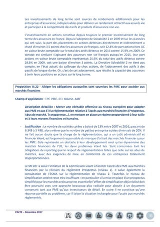PACTE – Décembre 2017
51
Les investissements de long terme sont sources de rendements additionnels pour les
entreprises d’assurance, indispensables pour délivrer un rendement attractif aux assurés vie
et participer à la compétitivité des tarifs et produits d’assurance non vie.
L’investissement en actions constitue depuis toujours le premier investissement de long
terme des assureurs en France. Depuis l’adoption de Solvabilité 2 en 2009 et sur les 4 années
qui ont suivi, la part des placements en actions détenues directement et indirectement a
chuté d’environ 3,5 points chez les assureurs vie français, soit 12,4% de part actions hors UC
en valeur brute comptable sur le total des actifs détenus en 2013 contre 15,9% en 2009. Ce
constat est similaire s’agissant des assureurs non vie français puisqu’en 2015, leur part
actions en valeur brute comptable représentait 25,6% du total des actifs détenus contre
28,6% en 2009, soit une baisse d’environ 3 points. La Directive Solvabilité 2 ne tient pas
compte, en l’état actuel, du calibrage du choc actions, de l’adossement des actifs à des
passifs de longue durée. Or, c’est de cet adossement, que résulte la capacité des assureurs
à tenir leurs positions en actions sur le long terme.
Proposition III.22 - Alléger les obligations auxquelles sont soumises les PME pour accéder aux
marchés financiers
Champ d’application : TPE-PME, ETI, Bourse, AMF
- Description détaillée : Mener une véritable offensive au niveau européen pour adapter
aux PME et aux ETI la règlementation relative à l’accès aux marchés financiers (Prospectus,
Abus de marché, Transparence…), en mettant en place un régime proportionné à leur taille
et à leurs moyens financiers et humains.
- Justification : Le nombre de sociétés cotées a baissé de 13% entre 2007 et 2016, passant de
6 349 à 5 498, alors même que le nombre de petites entreprise cotées diminuait de 20%. Il
ne fait aucun doute que la charge de la réglementation, qui a un coût administratif et
financier élevé, est largement responsable du manque d'attrait des marchés financiers pour
les PME. Cela représente un obstacle à leur développement ainsi qu'au dynamisme des
marchés financiers de l'UE, les deux problèmes étant liés. Sont concernées tant les
obligations de reporting que le respect de règlementations telles que celle sur les abus de
marchés, avec des exigences de mise en conformité de ces entreprises totalement
disproportionnées.
Le MEDEF a salué l'initiative de la Commission visant à faciliter l'accès des PME aux marchés
financiers par la révision du règlement Prospectus (niveau 1). Il salue également la
consultation de l'ESMA sur la réglementation de niveau 2. Toutefois le niveau de
simplification atteint reste très insuffisant : en particulier si la mise en place d'un prospectus
simplifié pour les marchés croissance est essentielle l’effort de simplification déjà réalisé doit
être poursuivi avec une approche beaucoup plus radicale pour aboutir à un document
convenant tant aux PME qu’aux investisseurs de détail. En outre il ne constitue qu'une
réponse partielle au problème, car il laisse la situation inchangée pour l'accès aux marchés
réglementés.
 
