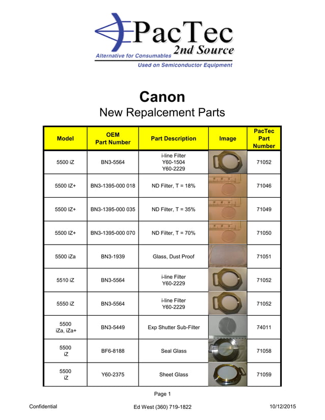 PacTec 2nd Source Canon Replacement Parts List PDF Consumer