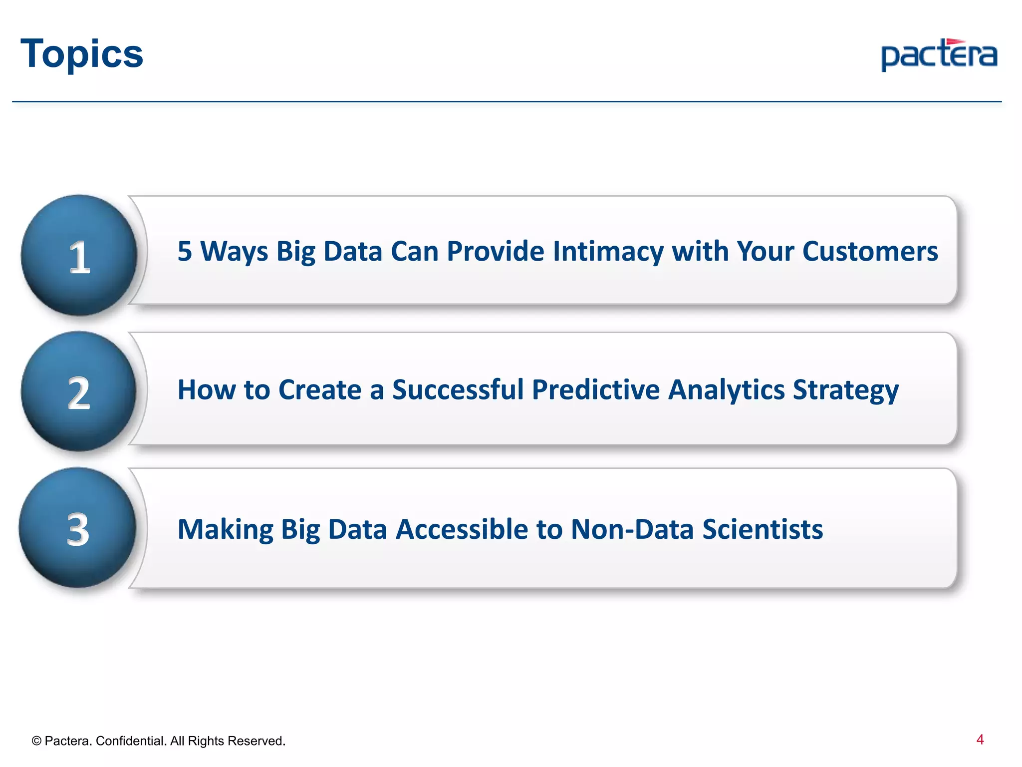 Topics
2 How to Create a Successful Predictive Analytics Strategy
3 Making Big Data Accessible to Non-Data Scientists
© Pactera. Confidential. All Rights Reserved. 4
5 Ways Big Data Can Provide Intimacy with Your Customers1
 