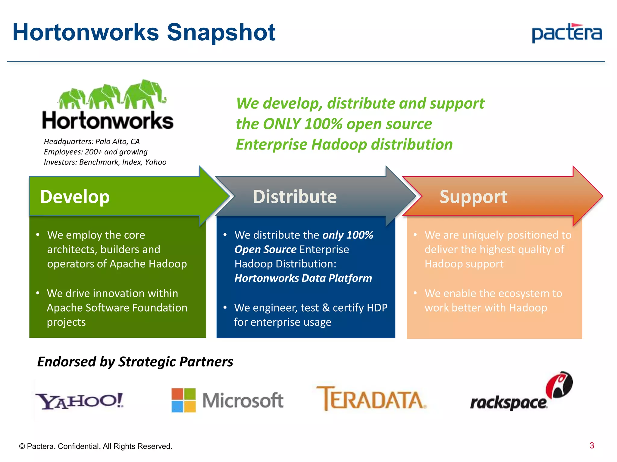 Hortonworks Snapshot
• We distribute the only 100%
Open Source Enterprise
Hadoop Distribution:
Hortonworks Data Platform
• We engineer, test & certify HDP
for enterprise usage
• We employ the core
architects, builders and
operators of Apache Hadoop
• We drive innovation within
Apache Software Foundation
projects
• We are uniquely positioned to
deliver the highest quality of
Hadoop support
• We enable the ecosystem to
work better with Hadoop
Develop Distribute Support
We develop, distribute and support
the ONLY 100% open source
Enterprise Hadoop distribution
Endorsed by Strategic Partners
Headquarters: Palo Alto, CA
Employees: 200+ and growing
Investors: Benchmark, Index, Yahoo
3© Pactera. Confidential. All Rights Reserved. 3
 