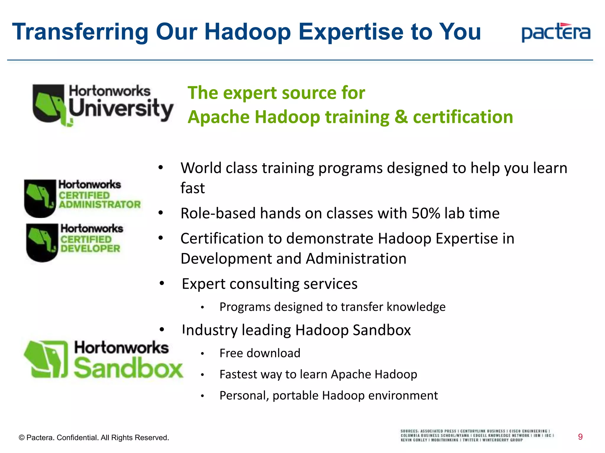 Transferring Our Hadoop Expertise to You
© Pactera. Confidential. All Rights Reserved.
The expert source for
Apache Hadoop training & certification
• World class training programs designed to help you learn
fast
• Role-based hands on classes with 50% lab time
• Certification to demonstrate Hadoop Expertise in
Development and Administration
• Expert consulting services
• Programs designed to transfer knowledge
• Industry leading Hadoop Sandbox
• Free download
• Fastest way to learn Apache Hadoop
• Personal, portable Hadoop environment
9
 