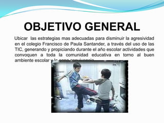 OBJETIVOS ESPECIFICOSAbrir un espacio al iniciar el año escolar para que alumnos, profesores y padres de familia realicen talleres de estudio del manual de convivencia y propuestas para mejorarlo.Implementar una ayuda multimedial como medio didáctico para la enseñanza de los valores consignados en el manual de convivencia de la institución.Utilizar las técnicas de información y comunicación como herramientas importantes para el proceso de enseñanza-aprendizaje.Generar estrategias  que permitan rescatar algunos  valores de comportamiento y actitudes como responsabilidad, amor, respeto, honestidad y tolerancia con el fin de mejorar las relaciones interpersonales e intrafamiliares que redunden en una sana convivencia escolar.Incentivar al manejo de los conflictos buscando la negociación pacifica y el mayor bienestar posible para las partes.