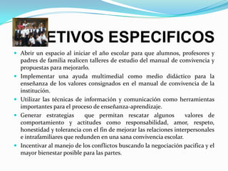 SIGNIFICADO Y SENTIDO DE ESTE PROYECTOPROPÓSITOFINALIDADDisminuir la agresividad en el ambiente escolar y en la comunidad educativa del Colegio Francisco de Paula Santander para mejorar las relaciones interpersonales que permitan una sana convivenciaAplicar los valores del buen trato en el hogar, en el colegio y en su entorno para que lo asuman como una opción de vida que propicie el bienestar integral del ser humano.