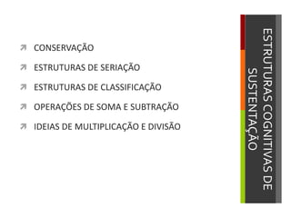 ESTRUTURASCOGNITIVASDE
SUSTENTAÇÃO
 CONSERVAÇÃO
 ESTRUTURAS DE SERIAÇÃO
 ESTRUTURAS DE CLASSIFICAÇÃO
 OPERAÇÕES DE SOMA E SUBTRAÇÃO
 IDEIAS DE MULTIPLICAÇÃO E DIVISÃO
 