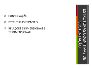 ESTRUTURASCOGNITIVASDE
SUSTENTAÇÃO
 CONSERVAÇÃO
 ESTRUTURAS ESPACIAIS
 RELAÇÕES BIDIMENSIONAIS E
TRIDIMENSIONAIS
 