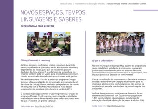 EXPERIÊNCIAS PARA REFLETIR
Chicago Summer of Learning
As férias escolares nos Estados Unidos costumam durar três
meses, espalhando-se por todo o verão, entre maio e setembro,
dependendo do estado, para que os estudantes possam
desfrutar do clima ameno. O grande bloco de tempo livre, no
entanto, também pode ser usado para atividades que conectam a
cidade, aprendizado, atividades extra-curriculares e até ganhos
de créditos escolares. Essa foi a aposta do programa Chicago
Summer of Learning [Verão do Aprendizado, em tradução livre]
da cidade de Chicago, Illinois, realizado pela prefeitura da cidade
em conjunto com a MacArthur Foundation e mais de cem
organizações da sociedade civil, durante o verão de 2013.
O sucesso do Chicago Summer of Learning motivou a criação do
programa Chicago City of Learning, que extrapola as atividades
realizadas durante as férias de verão para todo o ano, sob o lema
de que a “cidade é um grande campus”.
Saiba mais em: http://bit.ly/2hiBCM8
O que a Cidade tem?
Na rede municipal de Ipatinga (MG), a partir do programa O
que a cidade tem, estudantes e professores mapearam
juntos oportunidades educativas no entorno da escola,
considerando não apenas as instituições e organizações, mas
espaços públicos e pessoas das comunidades.
Com a consolidação do mapeamento, a Secretaria apoiou as
escolas a elaborarem um cardápio de atividades para as
crianças e adolescentes, oportunizando-as não apenas na
ampliação da jornada, mas também na jornada regular dos
estudantes.
Ao final desse processo, entre janeiro e fevereiro, foram
estabelecidos convênios com 22 parceiros que geraram
1.849 oportunidades educativas para estudantes da
educação infantil até a Educação de Jovens e Adultos (EJA).
Saiba mais em: http://bit.ly/2uev16o
NOVOS ESPAÇOS, TEMPOS,
LINGUAGENS E SABERES
MÓDULO GERAL | FUNDAMENTOS DA EDUCAÇÃO INTEGRAL | NOVOS ESPAÇOS, TEMPOS, LINGUAGENS E SABERES
 