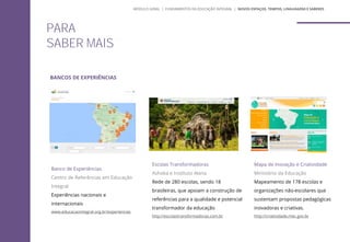 BANCOS DE EXPERIÊNCIAS
PARA
SABER MAIS
MÓDULO GERAL | FUNDAMENTOS DA EDUCAÇÃO INTEGRAL | NOVOS ESPAÇOS, TEMPOS, LINGUAGENS E SABERES
Banco de Experiências
Centro de Referências em Educação
Integral
Experiências nacionais e
internacionais
www.educacaointegral.org.br/experiencias
Escolas Transformadoras
Ashoka e Instituto Alana
Rede de 280 escolas, sendo 18
brasileiras, que apoiam a construção de
referências para a qualidade e potencial
transformador da educação
http://escolastransformadoras.com.br
Mapa de Inovação e Criatividade
Ministério da Educação
Mapeamento de 178 escolas e
organizações não-escolares que
sustentam propostas pedagógicas
inovadoras e criativas.
http://criatividade.mec.gov.br
 