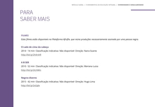 FILMES
Estes filmes estão disponíveis na Plataforma Afroflix, que reúne produções necessariamente assinada por uma pessoa negra.
O Lado de cima da cabeça
2014 · 14 min· Classificação indicativa: Não disponível· Direção: Naira Soares
http://bit.ly/2h4rshR
A B SER
2010 · 52 min· Classificação indicativa: Não disponível· Direção: Mariana Luiza
http://bit.ly/2tLhMin
Negrxs dizeres
2015 · 42 min· Classificação indicativa: Não disponível· Direção: Hugo Lima
http://bit.ly/2vLlplx
PARA
SABER MAIS
MÓDULO GERAL | FUNDAMENTOS DA EDUCAÇÃO INTEGRAL | DIVERSIDADES E SINGULARIDADES
 