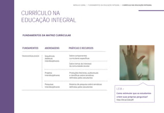 FUNDAMENTOS DA MATRIZ CURRICULAR
CURRÍCULO NA
EDUCAÇÃO INTEGRAL
MÓDULO GERAL | FUNDAMENTOS DA EDUCAÇÃO INTEGRAL | CURRÍCULO NA EDUCAÇÃO INTEGRAL
LEIA +
Como estimular que os estudantes
criem suas próprias perguntas?
http://bit.ly/2oJicyW
 