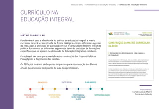 CURRÍCULO NA
EDUCAÇÃO INTEGRAL
MATRIZ CURRICULAR
Fundamental para a efetividade da política de educação integral, a matriz
curricular deverá ser construída de forma dialógica entre os diferentes agentes
da rede, após o processo de pactuação inicial e validação do desenho inicial da
política. Para tanto, os diferentes segmentos deverão participar de formações
específicas que os apoiem na discussão da Educação Integral no cotidiano.
Esta deverá ser base para a revisão e/ou construção dos Projetos Políticos
Pedagógicos e Regimento das escolas.
Os PPPs por sua vez serão ponto de partida para a construção dos Planos
Anuais das escolas e dos planos de aula dos professores.
MÓDULO GERAL | FUNDAMENTOS DA EDUCAÇÃO INTEGRAL | CURRÍCULO NA EDUCAÇÃO INTEGRAL
Instrumento:
Construção da Matriz
Curricular da Rede
 