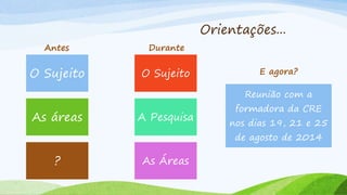 Orientações...
Antes
O Sujeito
As áreas
?
Durante
O Sujeito
A Pesquisa
As Áreas
E agora?
Reunião com a
formadora da CRE
nos dias 19, 21 e 25
de agosto de 2014
 