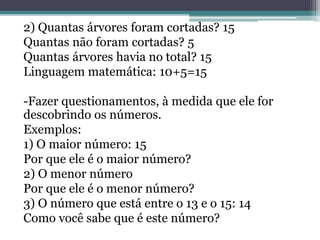2) Quantas árvores foram cortadas? 15 
Quantas não foram cortadas? 5 
Quantas árvores havia no total? 15 
Linguagem matemática: 10+5=15 
-Fazer questionamentos, à medida que ele for 
descobrindo os números. 
Exemplos: 
1) O maior número: 15 
Por que ele é o maior número? 
2) O menor número 
Por que ele é o menor número? 
3) O número que está entre o 13 e o 15: 14 
Como você sabe que é este número? 
 