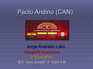 Pacto Andino (CAN)




     Jorge Alvarado Lobo
    Geografía Económica
        3ª Evaluación
IES “Vela Zanetti” 4º ESO A B
 